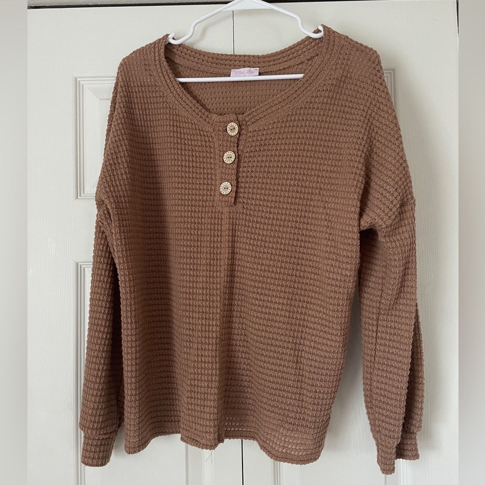 Pink Lily Waffle Knit Henley, Rust/Brown